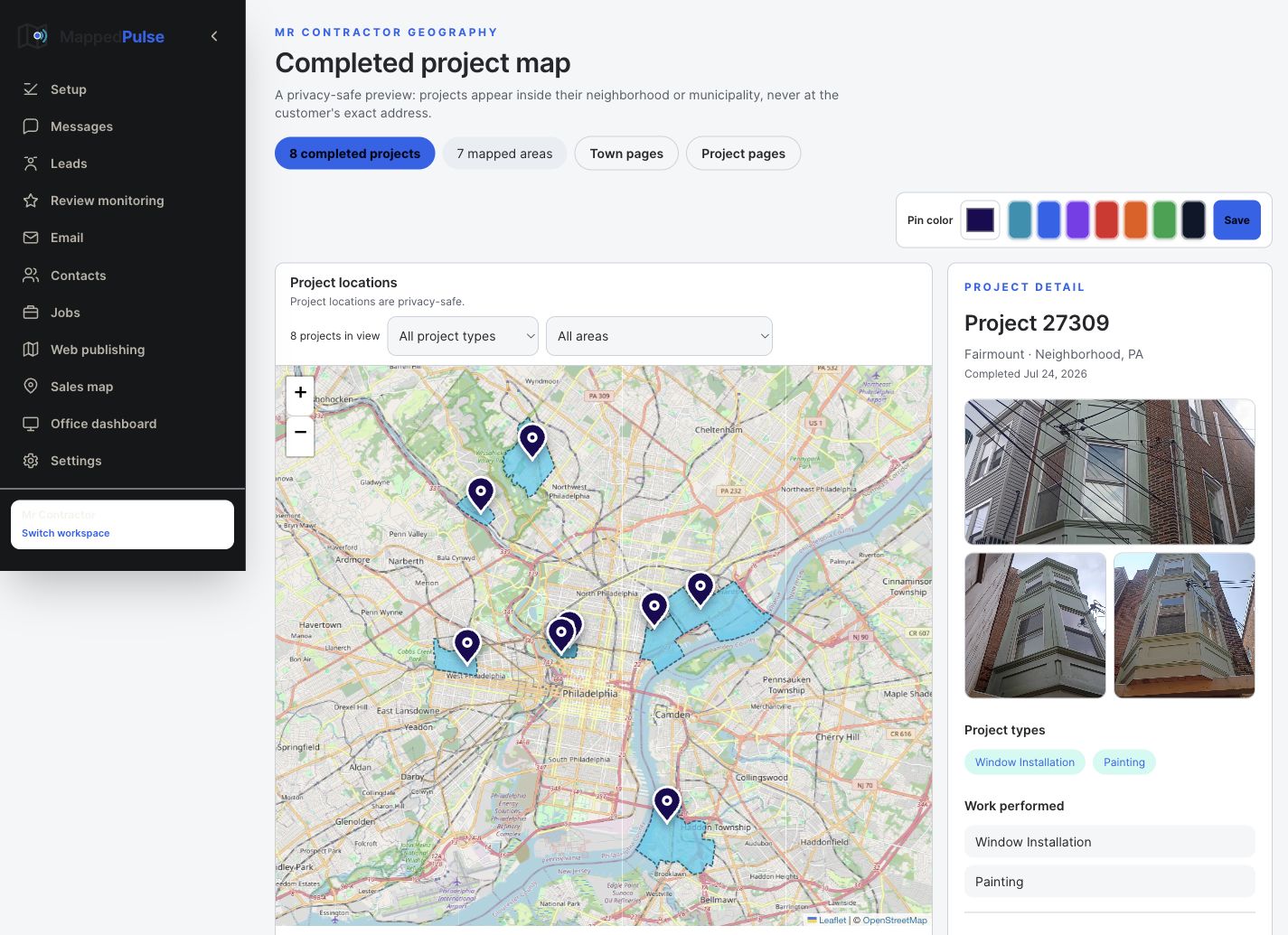 MappedPulse completed-project map with neighborhood locations and a project photo panel